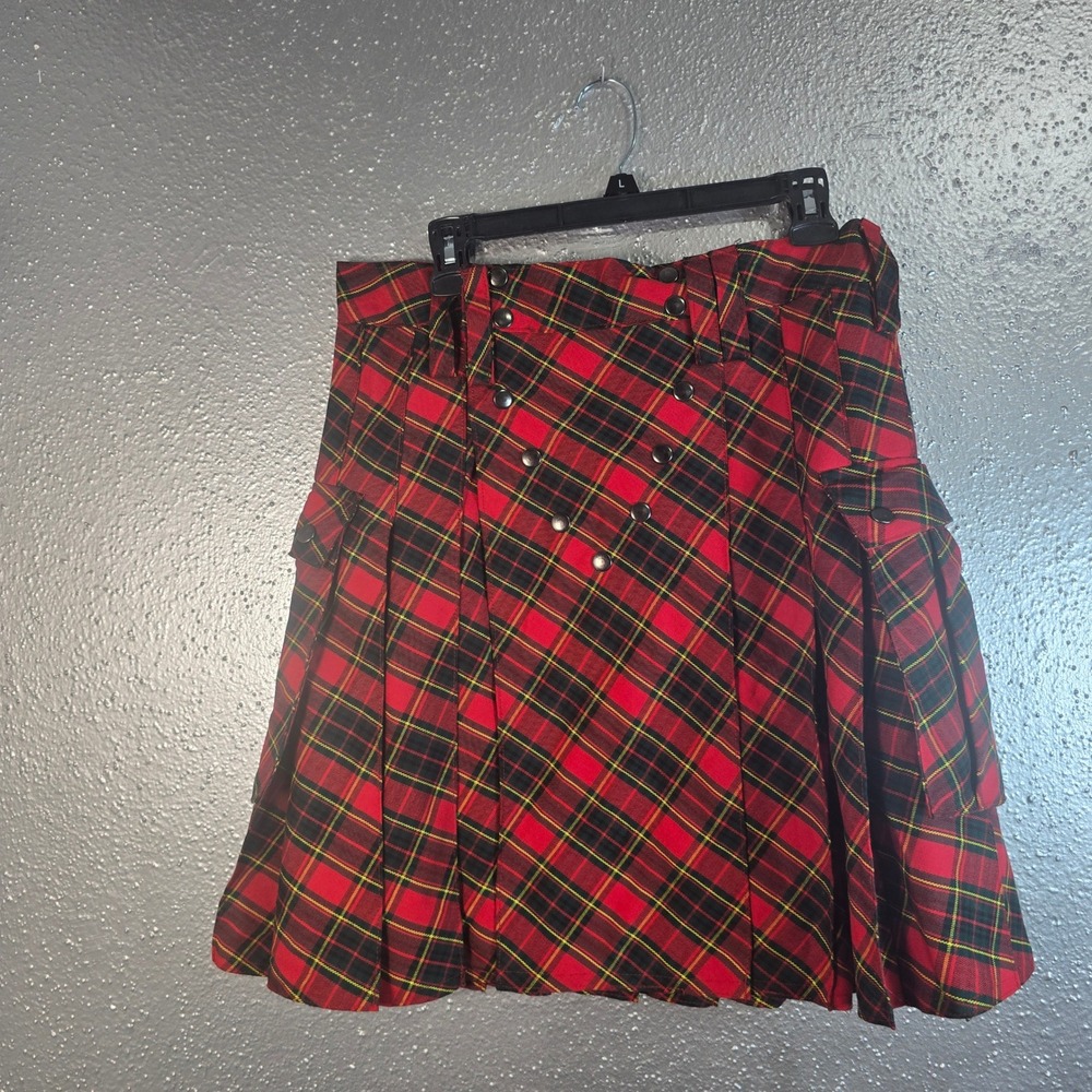 Mens Red Tartan Plaid Utility Kilt Cargo Pockets Cotton Punk Gothic Size 34